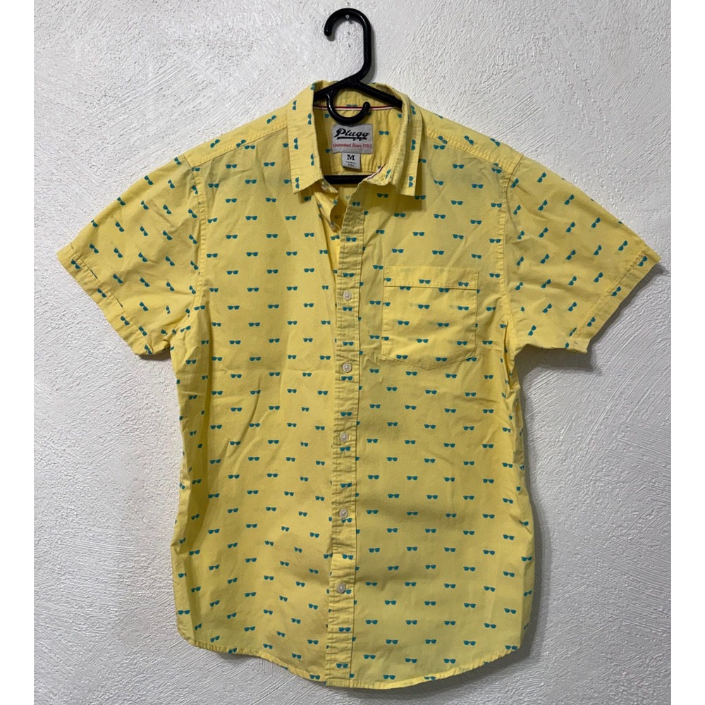 Plugg Unleashed Mens Yellow Sunglasses Print Short Sleeve Button Down Shirt M